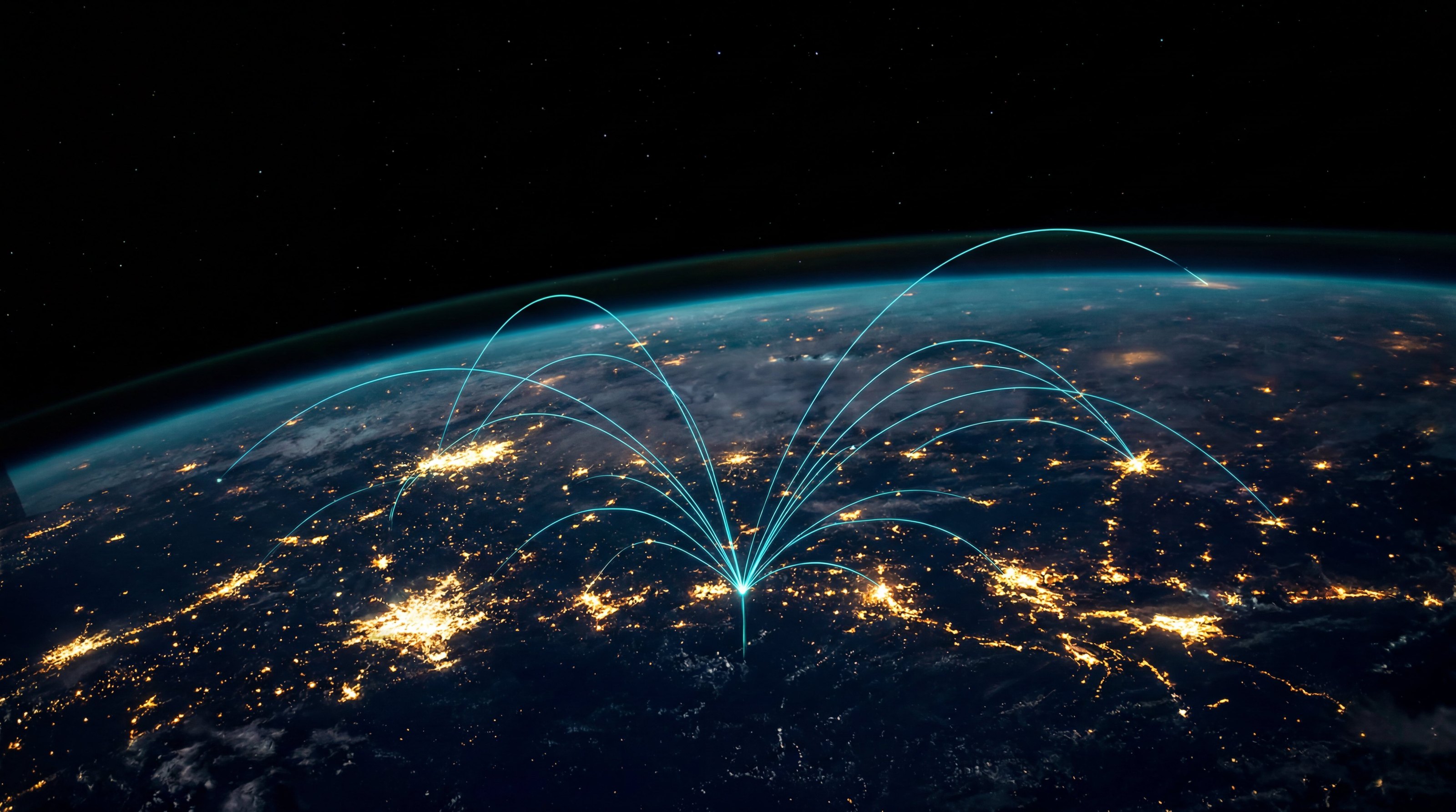Planet at night with glowing travel routes connecting cities across countries