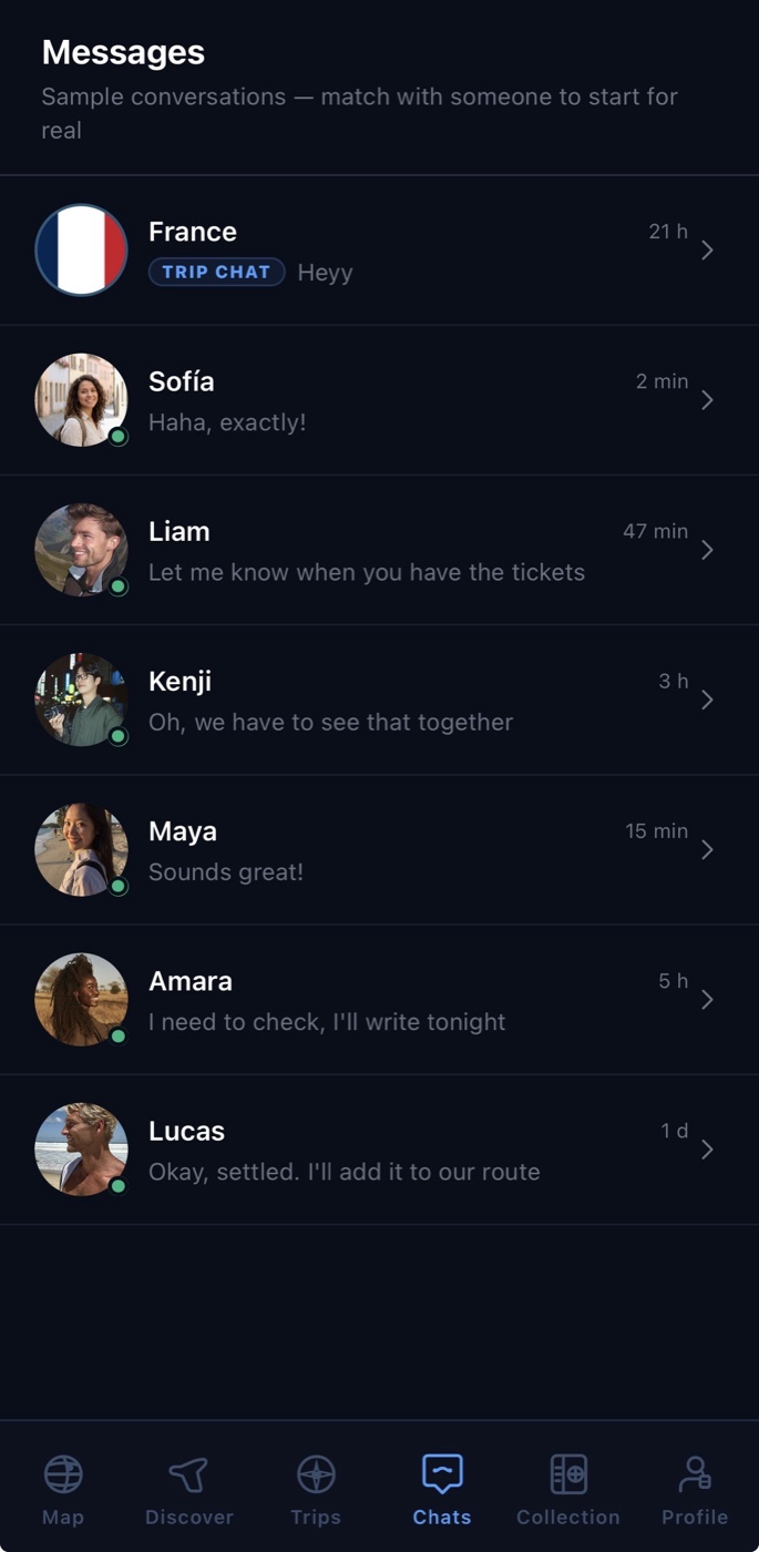 Traveldi Chats tab: messages with matched travelers