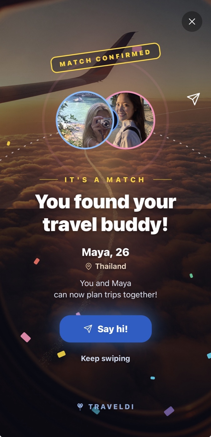 Traveldi match screen: You found your travel buddy, match confirmed with Maya