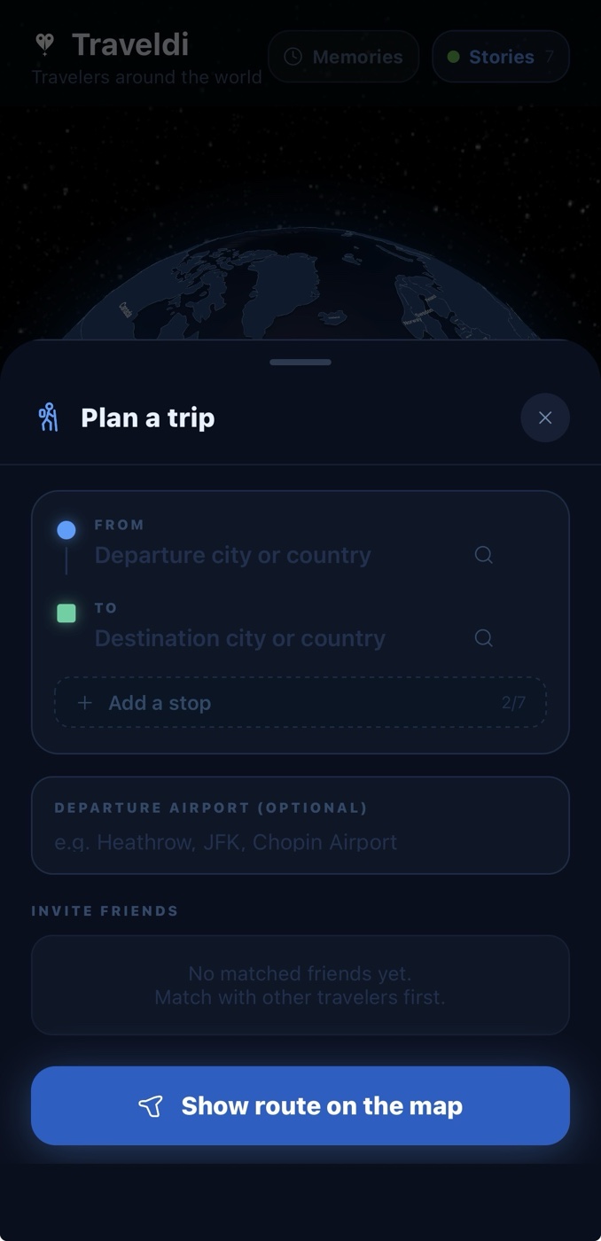 Traveldi trip planner: from, to, stops, departure airport and invite friends