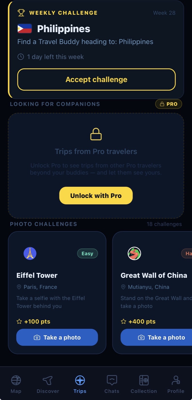Traveldi Trips tab: weekly challenge for the Philippines and photo challenges